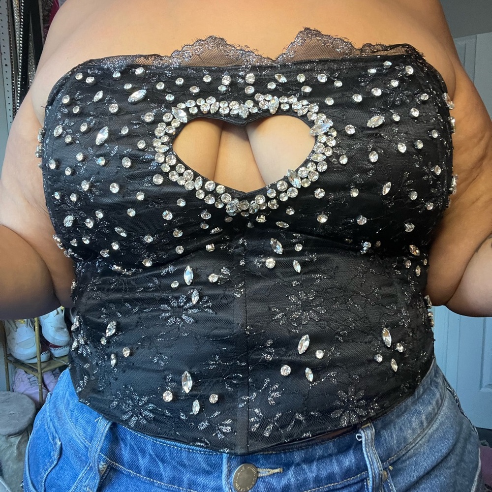 Finesse Black Lace Crop Top with Crystal Accents